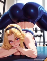 ai_generated ass balecxi black_hairband blonde_hair blue_eyes blue_sports_bra blush female large_breasts league_of_legends long_hair looking_at_viewer luxanna_crownguard patreon_username smile solo sports_bra sweat thick_thighs tight_clothes tight_pants top-down_bottom-up yoga_pants