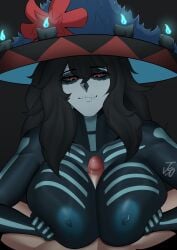 basedbinkie black_body black_hair black_sclera candle chivalry_starved death_(personification) goddess jso kindness_(basedbinkie) large_breasts paizuri red_eyes skeleton_markings smile white_skin