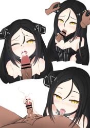 black_dress black_hair blowjob blowjob_face blush breasts bukkake cum cum_in_mouth cum_on_face dreamer_(girls'_frontline) dress girls'_frontline grabbing grabbing_penis hair hair_ornament licking licking_nipples licking_penis long_hair pleasured sangvis_ferri semen tagme tagme_(artist) yellow_eyes