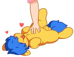 belly_rub blue_hair equine feral friendship_is_magic hair hands heart human lemonpuffs male_only my_little_pony penis tongue white_background yellow_fur zonkpunch