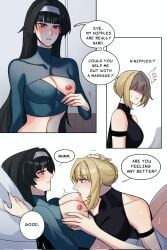 2girls astra_yao dialogue evelyn_chevalier hoyoverse mihoyo mostly_clothed nipples sucking_nipples tagme yuri zenless_zone_zero