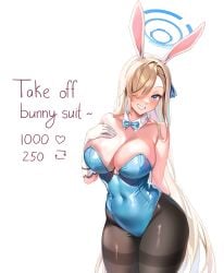 asuna_(bunny)_(blue_archive) big_ass big_breasts blonde_hair blue_archive blue_eyes bunny_costume bunny_ears bunny_girl bunnysuit gloves hair_over_one_eye hourglass_figure long_hair looking_at_viewer machulanko pantyhose slim_waist smiling strip_game teenager thick thick_thighs tight_clothing tight_fit wide_hips