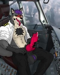 aircraft airplane animal_genitalia animal_penis anthro balls big_balls canid canine canine_genitalia canine_penis canis clothing cockpit fur genitals grey_body grey_fur hair male male_focus mammal masturbation nicolasthewolf penis pilot purple_hair solo tongue uniform vehicle wolf