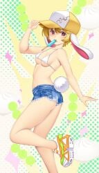 bikini blonde_hair breasts bunny_ears bunny_tail female hat hataraki_kuma popsicle red_eyes ringo_(touhou) touhou