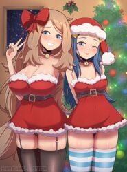 2girls :p arms_behind_back bell belt belt_buckle black_panties black_thighhighs blue_eyes blue_hair blush bow breasts brown_hair buckle christmas christmas_ornaments christmas_tree cleavage collar creatures_(company) dawn_(pokemon) game_freak hair_ornament hairbow hairclip hand_on_another's_shoulder hat highres indoors large_breasts long_hair looking_at_viewer medium_breasts mischiefmiz mistletoe multiple_girls nintendo one_eye_closed paid_reward_available panties panty_peek patreon_username pokemon pokemon_(anime) pokemon_dppt pokemon_dppt_(anime) pokemon_xy pokemon_xy_(anime) santa_costume santa_hat serena_(pokemon) serena_(pokemon_games) smile snowing striped_clothes striped_panties striped_thighhighs teeth thighhighs thighs tongue tongue_out underwear very_long_hair window wink