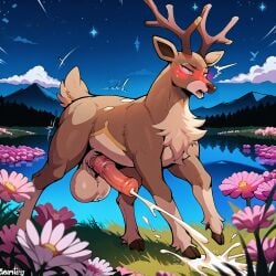 ai_generated animal_genitalia animal_penis antlers balls blush bodily_fluids cervid cum cumshot ejaculation equine_penis feral flared_penis flower generation_5_pokemon genital_fluids genitals hi_res horn lake male mammal matt3985_(director) mountains penis phazon plant pokemon_(species) sawsbuck solo