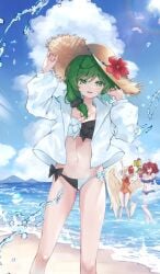 beach bikini eiki_shiki green_eyes green_hair komachi_onozuka kutaka_niwatari navel straw_hat tadano1129 touhou water wings