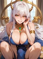 ai_generated blue_dress bulge_through_clothing futanari gold_jewelry golden_eyes golden_horns smile white_hair