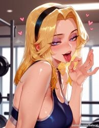 ai_generated balecxi bare_shoulders black_hairband blonde_hair blue_eyes blue_sports_bra blush fellatio_gesture female from_side heart heart-shaped_pupils indoors large_breasts league_of_legends long_hair looking_at_viewer luxanna_crownguard naughty_face open_mouth patreon_username solo sports_bra sweat symbol-shaped_pupils tongue tongue_out upper_body