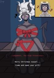 angel_girl azazel_(helltaker) big_breasts big_breasts christmas_outfit demon_girl helltaker judgement_(helltaker) simple_background simple_coloring simple_shading