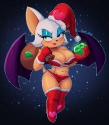 2024 axel_hell bat bat_girl bat_wings beauty_mark beauty_mark_on_breasts blue_background blue_eyeshadow breasts chaos_emerald christmas cleavage female female_only furry green_eyes rouge_the_bat sack santa_bikini sega sonic sonic_the_hedgehog_(series) thick_thighs thighs white_fur white_hair