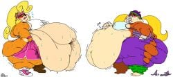 2girls anthro ass banana banana_peel bandicoot beanie beanie_hat belly belly_overhang blonde_hair blue_eyes breasts brown_fur coco_bandicoot crash_(series) dolphin_shorts donkey_kong_(series) fat female female_focus female_only furry hips hyper_belly hyper_fat large_ass large_breasts monkey monkey_girl naughty_dog nintendo obese obese_female overweight overweight_female ponytail primate pulling_up_shorts rareware slapping_belly stomach struggling struggling_to_fit sweat sweatband sweating sweaty sweaty_body tank_top thick_thighs thighs tiny_kong wardrobe_malfunction weight_gain wide_hips workout xanderdwulfe