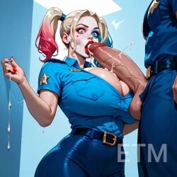 ai_generated big_breasts big_breasts blowjob cum cum_in_mouth cumshot cumshot_in_mouth dc_comics facial harley_quinn huge_breasts police police_uniform policewoman sucking sucking_penis