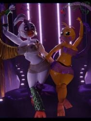 2girls 3d 3d_(artwork) 3d_model animatronic animatronic_female anthro arms_up artist_logo artist_name blender blender_(artwork) blender_(software) breasts covered_nipples covering_breasts dancing female female_focus five_nights_at_freddy's five_nights_at_freddy's:_security_breach five_nights_at_freddy's_2 glamrock_chica_(fnaf) harem_jewelry harem_outfit medium_breasts navel nipples one_arm_up pink_bow pink_lipstick pink_nipples revealing revealing_clothes robot robot_girl scottgames short_skirt steel_wool_studios toy_chica_(fnaf) video_game_character video_games watch_thethorns watermark white_body yellow_body