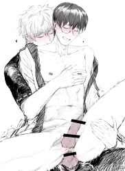 2boys anal anal_sex balls bar_censor blush bottomless closed_eyes erection from_behind gay gintama gintoki_sakata glasses male male_only monochrome nipples older_dom_younger_sub older_man_and_teenage_boy older_man_and_younger_boy older_penetrating_younger open_clothes open_mouth pec_grab pec_grasp penis penis_out reverse_upright_straddle shimura_shinpachi sitting_on_lap sitting_on_person spot_color spread_legs yaoi