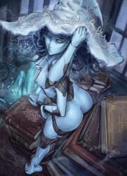 ass blue_body breasts doll doll_joints elden_ring fromsoftware naked one_eye_closed ranni_the_witch small_breasts snowyfeline tagme witch_hat