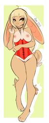 aimi anthro breasts corset female fur furry green_eyes lagomorph pinup pussy rabbit solo standing