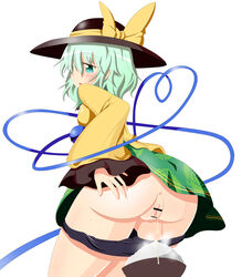 anus aqua_eyes ass asupina bike_shorts blush female from_behind green_hair hat hat_ribbon koishi_komeiji pussy pussy_juice pussy_juice_drip ribbon rice rice_bowl simple_background solo steam third_eye touhou white_background