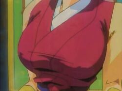 1990s_(style) 1996 animated animated arm_hair bouncing_breasts breast_expansion breast_focus breasts bursting_breasts collarbone dark-skinned_female dark_skin electricity female hairy_shoulders huge_breasts injuu_gakuen_la_blue_girl interior japanese_clothes large_breasts monster monster_girl muscle_growth muscular muscular_female nipples nude perky_breasts retro_artstyle sharp_teeth tagme teeth torn_clothes transformation upper_body yaku