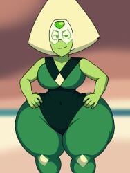 artstyle_imitation ass beach_background blonde_hair breasts cartoon_network gem_(species) gemstone green_eyes green_outfit green_skin hands_on_hips looking_at_viewer ocean peridot_(gem) peridot_(steven_universe) shortstack smug steven_universe thick_thighs wide_hips