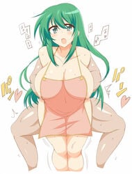 1boy apron areolae breasts female green_eyes green_hair huge_breasts long_hair naked_apron nipple_slip nipples open_mouth sex simple_background straddle sweat translated wedge white_background