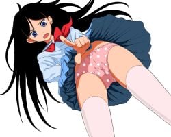 2010 2010s asian_female bad_source black_hair blue_eyes cleft_of_venus from_below japanese_female kitsu_chiri light-skinned_female light_skin long_hair looking_at_viewer looking_down mouth_open open_mouth panties pantyshot pointing pointing_at_viewer polka_dot polka_dot_panties sayonara_zetsubou_sensei school_uniform seifuku serafuku thighhighs thighs underwear uniform upskirt white_background yamija