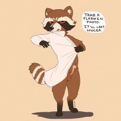1:1 absurd_res anatomically_correct anatomically_correct_genitalia animal_genitalia animal_humanoid anthro dressing fajikiwi genitals guardians_of_the_galaxy hi_res hooked_penis humanoid looking_at_viewer male mammal mammal_humanoid marvel procyonid procyonid_humanoid raccoon red_eyes rocket_raccoon sheath simple_background solo