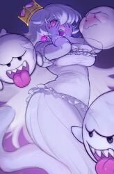 1girls absurdres benzbt blush boo_(mario) boosette breasts cleavage dress earrings embarrassed hands_on_own_face highres jewelry large_breasts looking_at_viewer luigi's_mansion mario_(series) new_super_mario_bros._u_deluxe nintendo pink_eyes princess_king_boo sharp_teeth super_crown teeth tongue tongue_out white_dress white_hair yandere