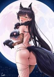 1girls animal_costume animal_ears animal_hands ass atago_(azur_lane) atago_(full_moon's_feral_wolf)_(azur_lane) azur_lane bikini black_bikini black_hair blush breasts commentary cowboy_shot dog_ears english_commentary fishnet_thighhighs fishnets from_behind full_moon fur_bikini gloves gzanth highres large_breasts light-skinned_female light_skin long_hair looking_at_viewer looking_back mismatched_thighhighs mole mole_under_eye moon official_alternate_costume open_mouth paw_gloves sakura_empire_(azur_lane) signature sky solo star_(sky) starry_sky swimsuit thighhighs torn_clothes torn_thighhighs very_long_hair werewolf_costume yellow_eyes