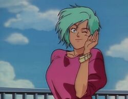 1990 1990s_(style) amano_megumi_(urotsukidouji) animated animated belt black_thighhighs blowing_kiss blue_eyes bracelet earrings female female_focus green_hair jewelry love_hearts lowres miniskirt one_eye_closed retro_artstyle short_hair skirt sleeves_pushed_up smile solo sweater tagme thighhighs urotsukidouji wink zettai_ryouiki