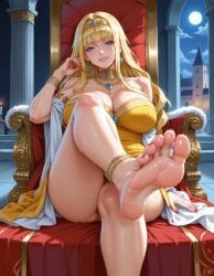 bare_legs bare_shoulders barefoot big_breasts blonde_hair blonde_hair_female blue_eyes cleavage dominatrix feet foot_fetish foot_focus goddess golden_dress gorgeous_blonde large_breasts looking_at_viewer queen queen_miko sitting sitting_on_chair sitting_on_throne thick_thighs thighs throne throne_room