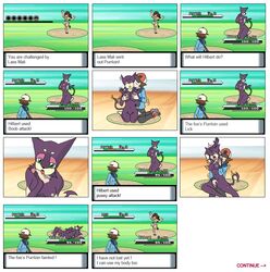 1boy 2girls breast fellatio furry gameplay_mechanics grab hilbert_(pokemon) hud jonnyjonnino lass_(pokemon) lass_(pokemon_bw) male_human/female_pokemon masturbation npc_trainer oral pokemon pokemon_battle pokemon_bw pokephilia purrloin