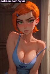 ai_generated ben_10 big_ass big_breasts gwen_tennyson gwen_tennyson_(classic) naked_female pink_nipples pose ryuuziken01 short_hair shy sweat tank_top