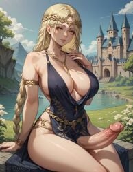 1futa ai_generated blonde_hair blonde_hair braid dickgirl elden_ring esendor futanari gold_jewelry huge_breasts huge_cock huge_cock long_hair looking_at_viewer queen_marika_the_eternal solo stable_diffusion thick yellow_eyes