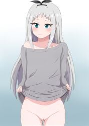 1boy :3 blend_s blue_background blue_eyes blush blushing cuntboy edit grey_hair grey_shirt kanzaki_kaori lifting_own_clothes long_hair long_sleeves looking_away mouth_closed partially_clothed pussy shirt_lift simple_background sleeves_past_wrists smile solo