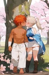 1boy1girl ai_generated big_breasts blonde_hair kissing muscular ponytail sakura_tree young_couple