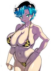 1girls areolae big_breasts bikini blue_eyes blue_hair breasts curvy female hand_on_hip hips horns leopard_(artist) love_handles lum's_mother makeup mature_female milf oni pointy_ears short_hair small_bikini tagme tiger_print tiger_stripes turquoise_hair underwear urusei_yatsura voluptuous