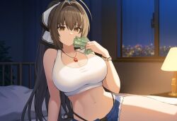 ai_generated amagi_brilliant_park antenna_hair bed bedroom belly bracelet brown_eyes brown_hair city_background cleavage closed_mouth cutoffs earrings female hair_ribbon hand_on_bed holding_money indoors lamp large_breasts long_hair looking_at_viewer midriff night novelai on_bed on_side pendant pillow ponytail prostitution sento_isuzu tank_top thong window