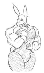 1boy athletic_male beauty_mark benedict_(pokonuki) biceps bodysuit bowtie broad_shoulders bulge bunny_ears bunnysuit chest_tuft crossdressing cuffs effeminate eyeshadow fishnets flexing girly looking_at_viewer muscular_femboy muscular_male pecs playboy_bunny pokonuki sketch smile solo strapless thick_thighs tomgirl