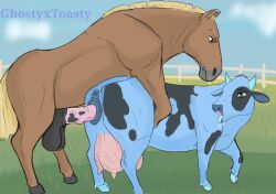 anatomically_correct anatomically_correct_genitalia anatomically_correct_pussy animal_genitalia animal_penis animal_pussy anus ass blue_body blush bovid bovine brown_body cattle duo equid equine equine_genitalia equine_penis erection female female_feral female_penetrated feral feral_on_feral genitals ghostyxtoasty grass green_eyes horn horse interspecies male male/female male_feral male_penetrating male_penetrating_female mammal multi_nipple nipples open_mouth penetration penis plant pussy sex teats tongue tongue_out udders vaginal_penetration vaginal_penetration veiny_udders