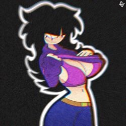 1female 1girls bra clothed exposed_brain female female_only needlemouse_(series) purple_bra sarah_henderson_(needlemouse) shirt_up tagme