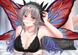 1girls adjusting_hair alternate_hairstyle arm_under_breasts armpits bare_arms bare_shoulders bed blue_hair blush breasts collarbone curtains facial_mark fairy fairy_wings female female_only fire_emblem fire_emblem_heroes grey_hair hair_down large_breasts multicolored_hair nintendo on_bed on_stomach plumeria_(fire_emblem) pointy_ears purple_hair rynn_(darknescorez) shoulders smile solo sweat the_pose wings