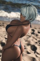 3d athletic athletic_female beach big_breasts bikini blue_eyes blue_hair breasts busty dark-skinned_female dark_skin dead_or_alive dead_or_alive_xtreme_venus_vacation female female_focus female_only hourglass_figure outdoors outside patty_(dead_or_alive) rantdox short_hair tagme wide_hips