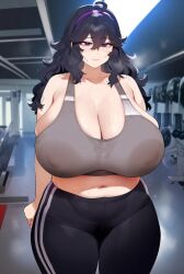 ai_generated areolae_visible_through_clothing bbw big_woman bigger_female blue_eyes breasts_bigger_than_head gigantic_breasts gym gym_clothes gym_uniform hairband hex_maniac huge_breasts huge_thighs light-skinned_female light_skin long_hair massive_breasts nintendo nipples_visible_through_clothing pequod pokemon pokemon_xy purple_hair solo_female squatting thick_body thick_female thick_thighs thighs voluptuous