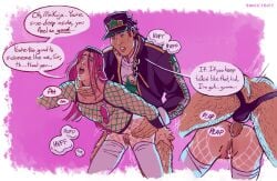 2boys age_difference anal anal_sex anus cum_in_pussy cuntboy dialogue erection from_behind gay jojo's_bizarre_adventure jotaro_kujo male narciso_anasui penetration penis pink_hair pussy sex sweetbot text yaoi