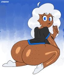 ass_focus big_ass big_breasts blue_background blue_eyes caught character_request cookies dark-skinned_female freckles furiousart shocked_expression white_hair zrfurious