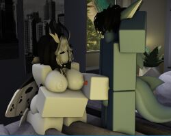 1boy 1girls 3d anthro anthro_on_female artist_request ass balls bed bedroom black_hair blue_body blue_fur blue_skin breasts female_on_male glasses handjob hands_behind_head kaida kneeling knot knotted_penis male moth nipples penis roblox robloxian shark shark_fin shark_tail source_request tagme tail white_hair wings