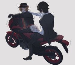 2boy 2boys bsd bungo_stray_dogs bungou_stray_dogs chuuya_nakahara clothed_sex dazai_osamu male male/male male_only male_penetrated male_penetrating male_penetrating_male motorcycle nakahara_chuuya osamu_dazai soukoku