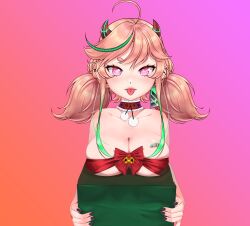 big_breasts chest_tattoo christmas collar devilayacchi elf_ears female indie_virtual_youtuber piercing pink_eyes pink_hair succubus succubus_horns tongue_out virtual_youtuber vtuber wrapped