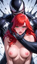 1boy 1girls ai_generated areola areolae breasts breasts_out curvaceous curvaceous_body curves curvy curvy_body curvy_female curvy_figure deviantart exposed exposed_breasts exposed_nipple exposed_nipples female green_eyes hourglass_figure light-skinned_female light_skin male male/female marvel marvel_comics mary_jane_watson mouth nipples open_mouth red_hair spider-man_(series) tongue tongue_out venom venom_(marvel) voluptuous voluptuous_female watermark